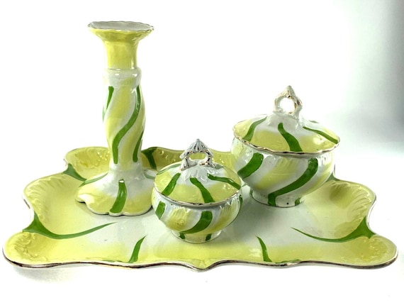 Antique Vanity Set Porcelain Tray, 2 Lidded Jars & Candlestick Holder, 1900s