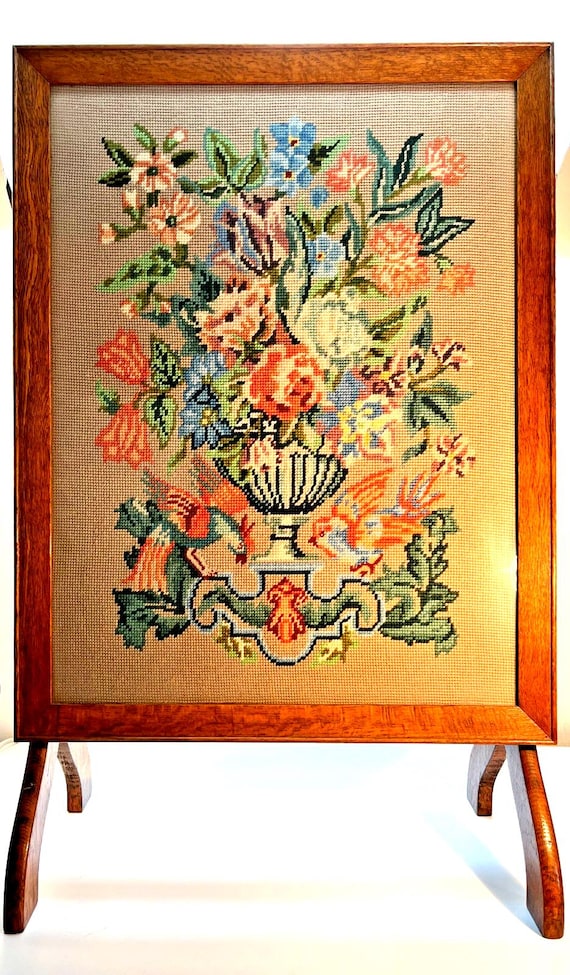 Antique Folding Wooden Fire Screen / Table with Glass Top with Floral Embroidery