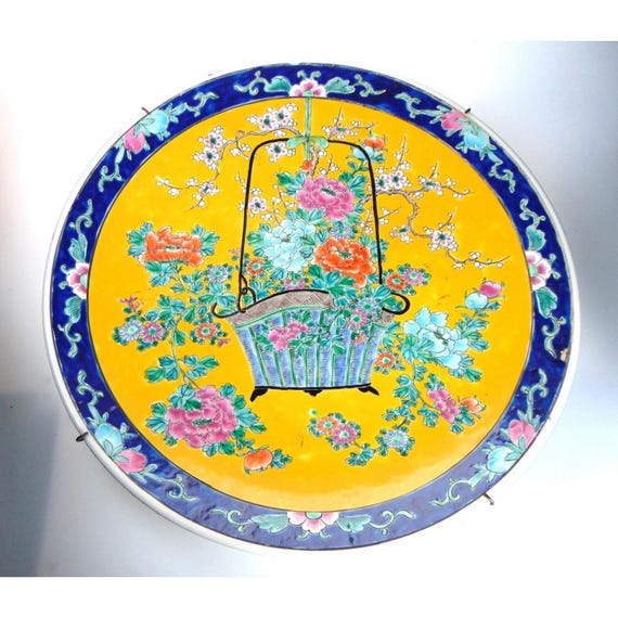 1900s Japanese Charger Plate 16 Inch. Oriental Charger in Yellow & Floral Detail