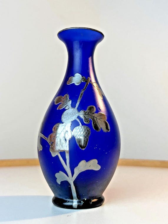 Art Nouveau Carl Goldberg Haida Bohemian Blue Satin Glass Silver Oak Leaf Vase