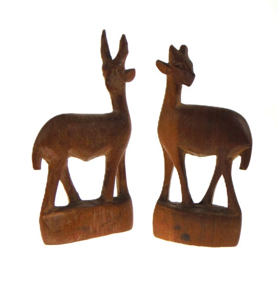 Pair of African Wood Carved Antelope. Mid Century Wood Carved Antelope. Vintage Carved Animals