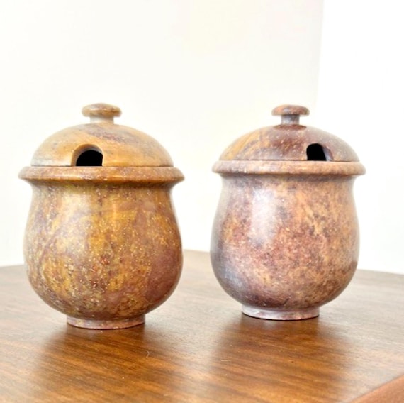 2 Vintage Soapstone Condiment Jars or Sauce Pots with Lids in Red Soapstone