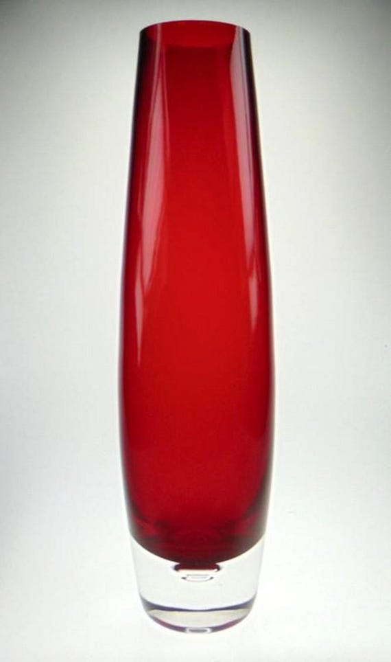 Red Glass Torpedo Vase. Mid Century Handblown Glass Flower Vase Bullet Vase