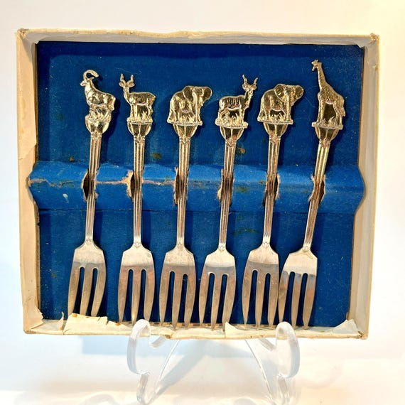 Vintage Fork Set Kruger Park Souvenir EPNS Boxed Mid Century Decorative Forks