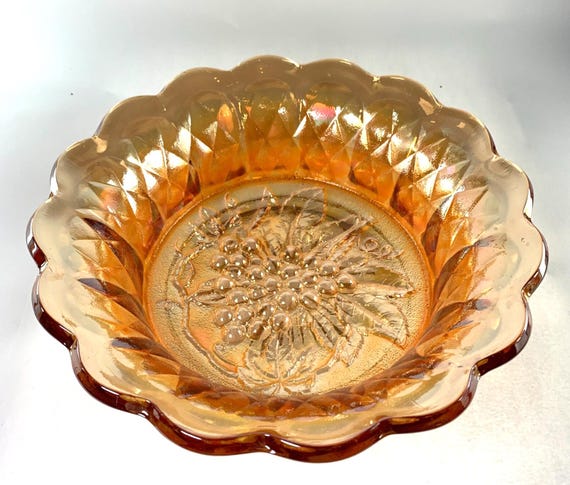 Vintage Carnival Glass Bowl in Marigold / Orange. Grapes Pattern
