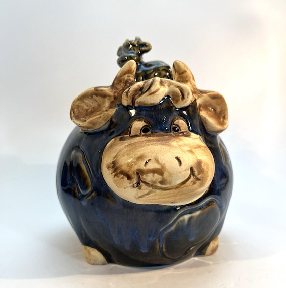 Cow Cookie Jar. Pottery Biscuit Jar or Lidded Jar, Hand Painted in Blue Glaze
