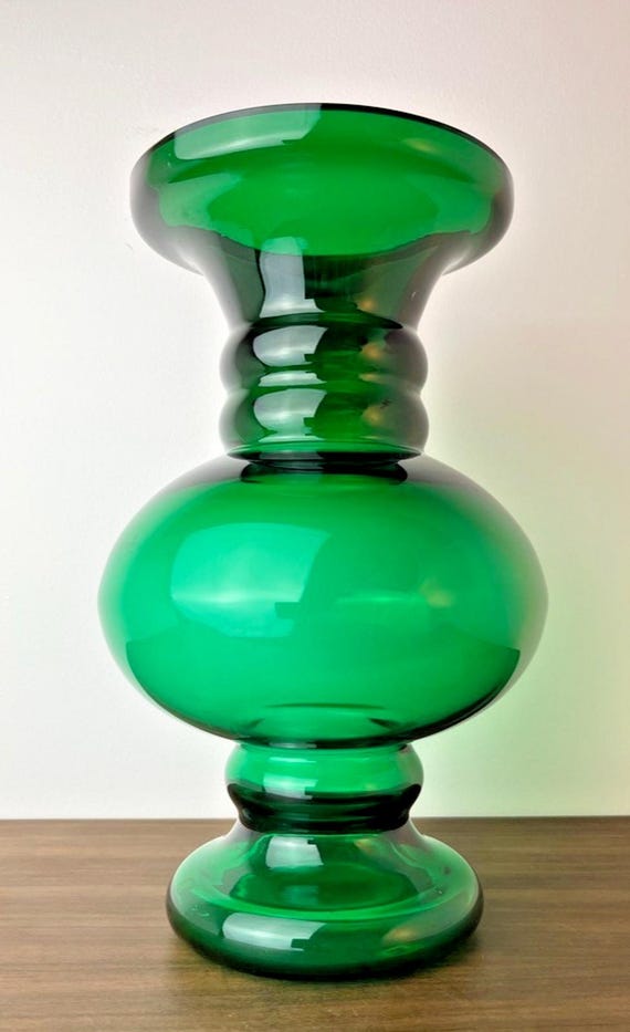 Mid Century Green Art Glass Vase Modernist Hooped Glass 1960s Scandinavian Glass
