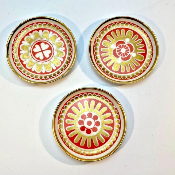Vintage Porsgrund Porcelain Coasters Norway Set of 3 Rare Pattern 71 Orange VGC