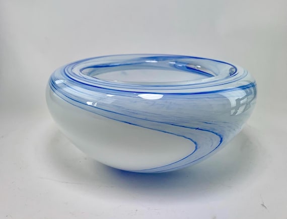 Vintage Art Glass Blue Swirl Glass Bowl in White Glass with Blue Detail