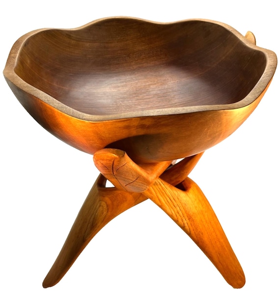 Vintage Hand Carved Interlocking Wooden Tribal Stand Tripod with Bowl