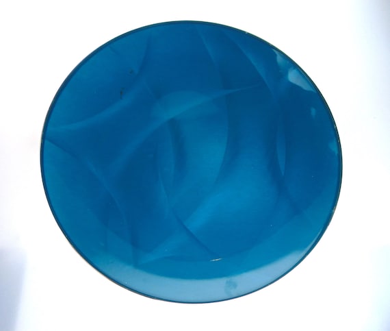 Catherine Holm Enamel Platter in Aqua Blue. Stainless Steel Mid Century Platter or Decorative Plate with Swirl Blue Design