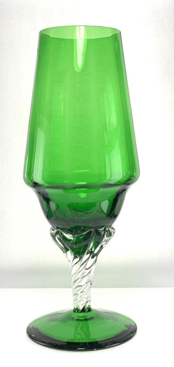 Empoli Green Glass Stemmed Vase with Twisted Glass Stem. Mid Century Green Glass
