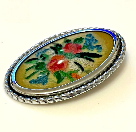Vintage Floral Embroidered Brooch Needlepoint Pin Brooch in Silver Tone Frame