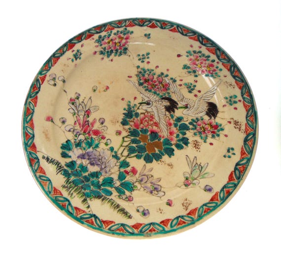 Antique Japanese Art Pottery Plate with Crane, Insects and Floral Scene