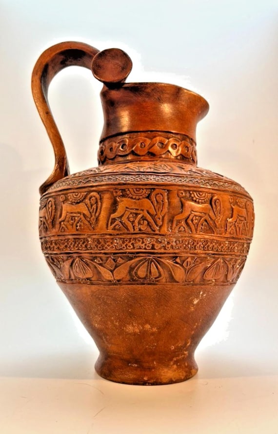Large Greek Pottery Jug Pitcher 33cm Handmade and Hand Painted in Brown Enamel