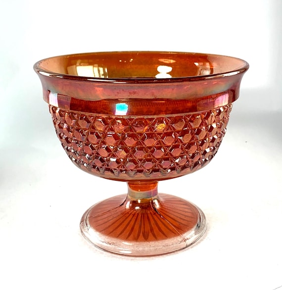 Fenton Marigold Carnival Glass Pedestal Bowl – Crosshatch Pattern, 1930s