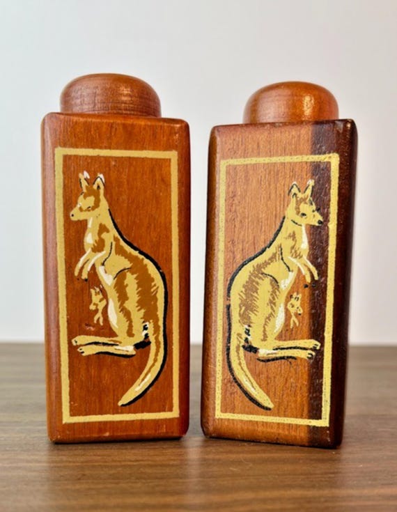 Vintage Wooden Salt & Pepper Shakers with Hand Painted Kangaroos H11cm x W4.5cm