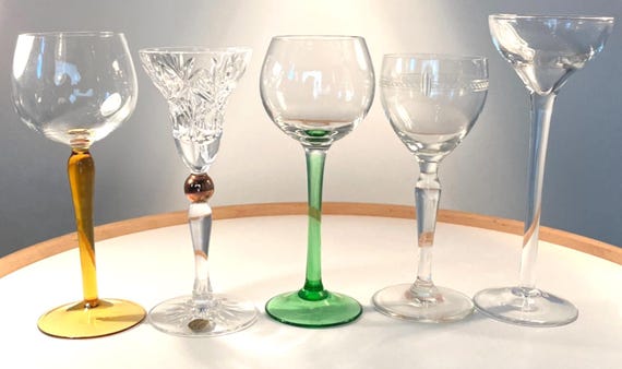 5 Mid Century Stemmed Glasses A Mix of 1960s Stemmed Glasses Amber & Green Glass