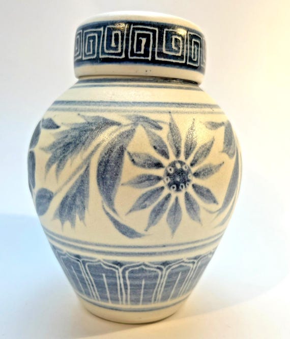 Muriel P Wright Pottery Jar, Vintage Blue White Salt Glaze Lidded Signed 1970s