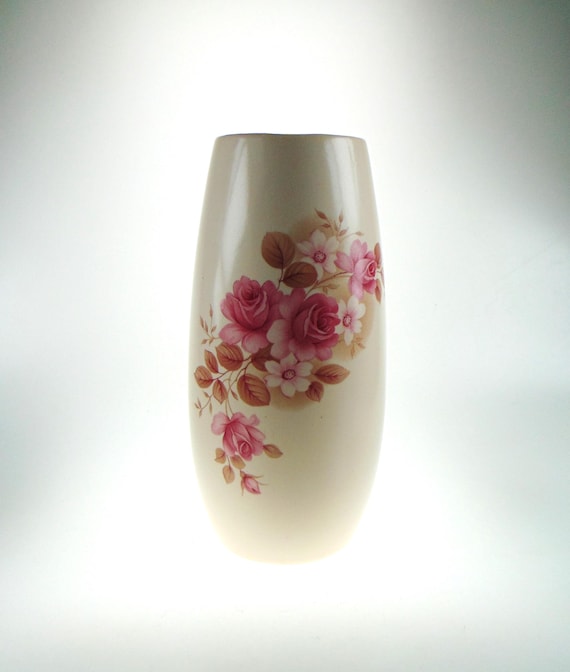 New Devon Pottery Vase for Flower with Floral Decor. Vintage Pink and Cream Ceramic Flower Vase