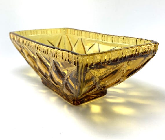 Amber Glass Decorative Bowl in Pale Amber. Depression Glass Dish, Pressed Glass
