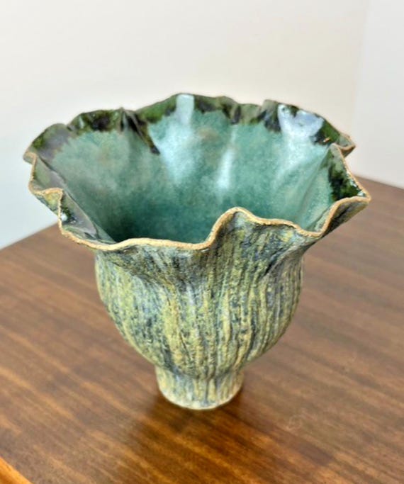 Signed Ikebana Vase Handmade Ceramic, Sculpture. Vintage Handkerchief Vase Green