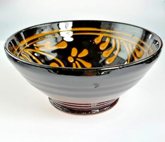 Mid Century Pottery Bowl in Dark Brown and Orange Treacle Glaze Pottery