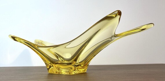 Mid Century Yellow Glass Art Glass Bowl or Dish Hand Blown Glass in Gold Yellow