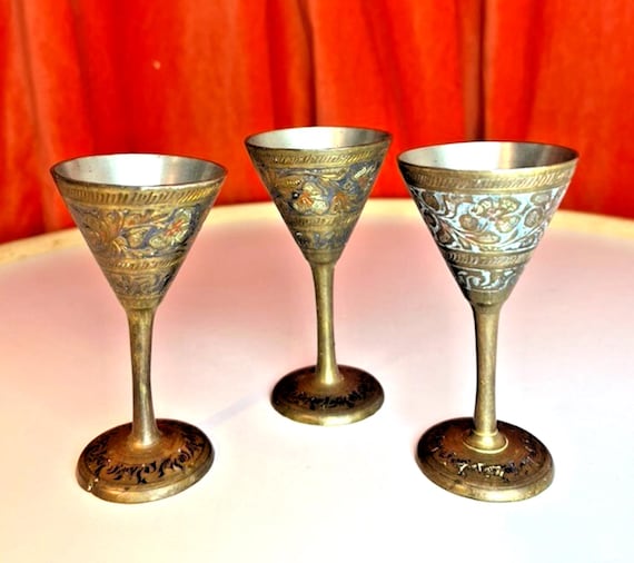 3 Antique Indian Brass Goblets Engraved & Hand Painted H20cm W15cm Vintage