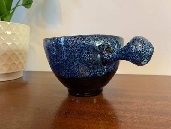 Vintage Hand Painted Pottery Bullion Bowl, Bullion Cup, Clay Pot in Blue Enamel. Mid Century Tableware
