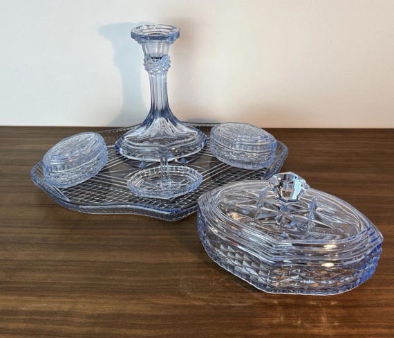 Vintage Blue Glass Vanity Tray By Sowerby Glass Candlestick Lidded Bowls & Tray