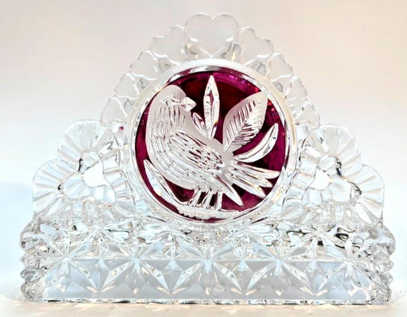 Vintage Hofbauer Byrdes Crystal Napkin / Letter Holder in Clear & Ruby Crystal