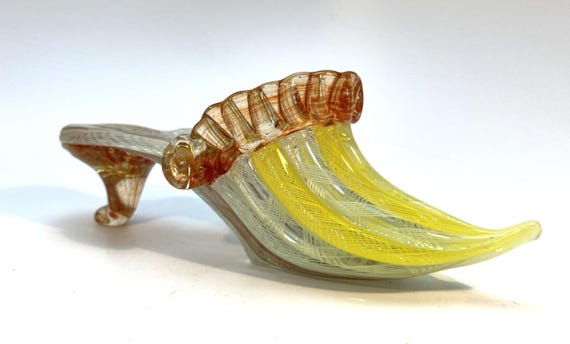 Murano Latticino Slipper. Art Glass Shoe or Slipper in Yellow, Red and White VGC
