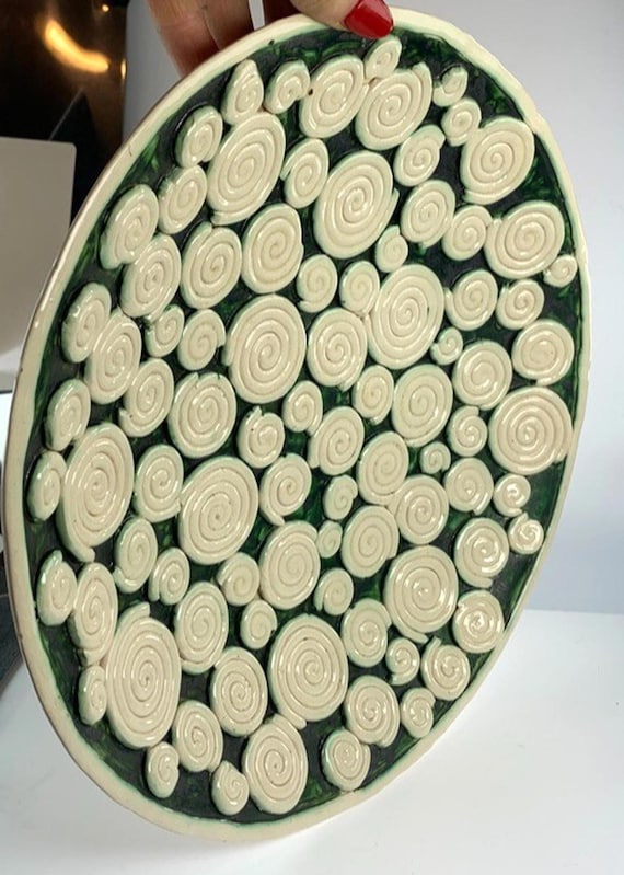 Vintage Pottery Decorative Plate Hand Made & Signed by Artist Florian 28cms in Green and Cream
