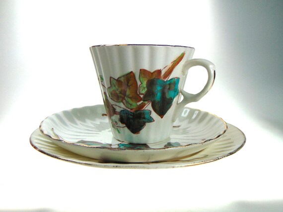 Antique Ivy Pattern Teacups, Saucers, Side Plates & Milk Jug