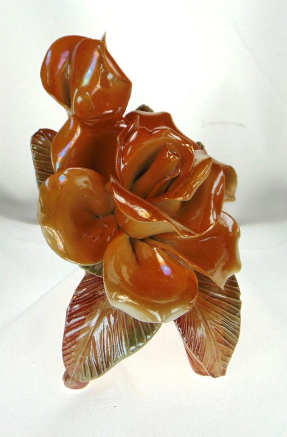 Pottery Rose Ornament Like Capodimonte. Hand Made Vintage Pottery Rose