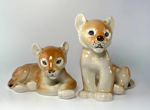 Mid Century Pair of Lomonosov Russian USSR Lion Cub Figurines. Vintage Lion Cub Ornaments