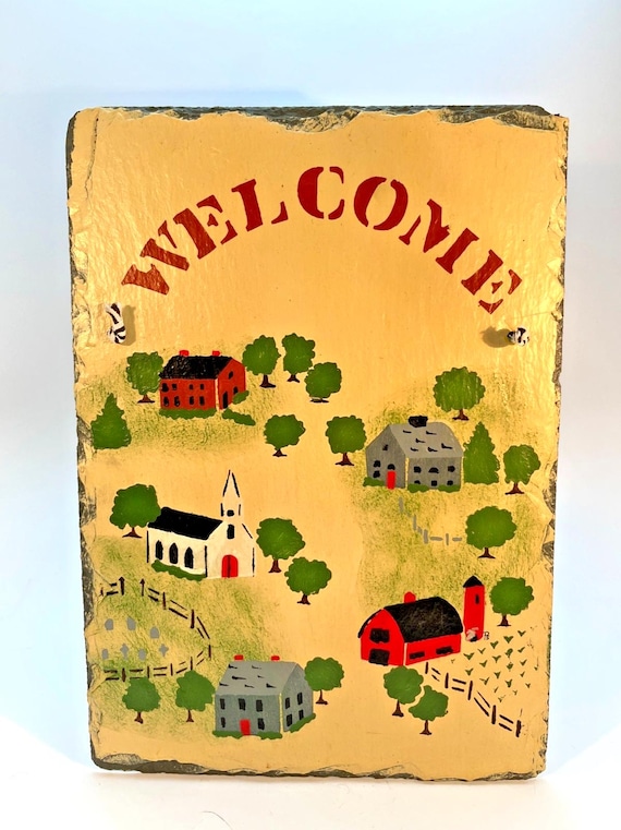 Slate Welcome Sign Hand Painted Country Village Farms Cows, Signed Vintage Style