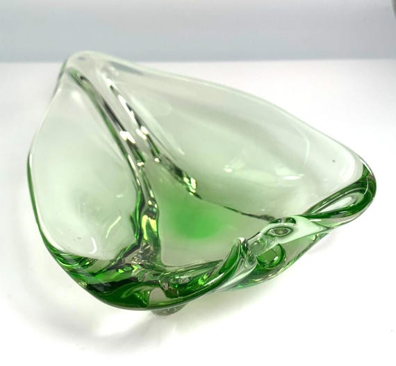 Mid Century Green Glass Dish by Sklo Zeleny. Mid Century Czech Glass Bowl L18cm, W12cm
