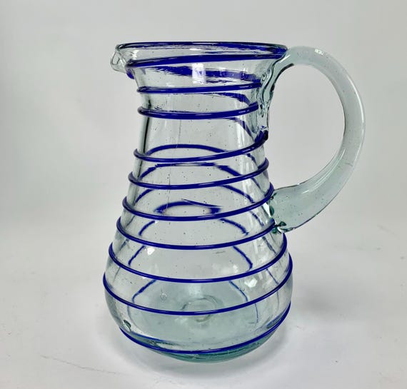 Mid Century Glass Pitcher or Jug in Hand Blown Glass with Cobalt Blue Detail