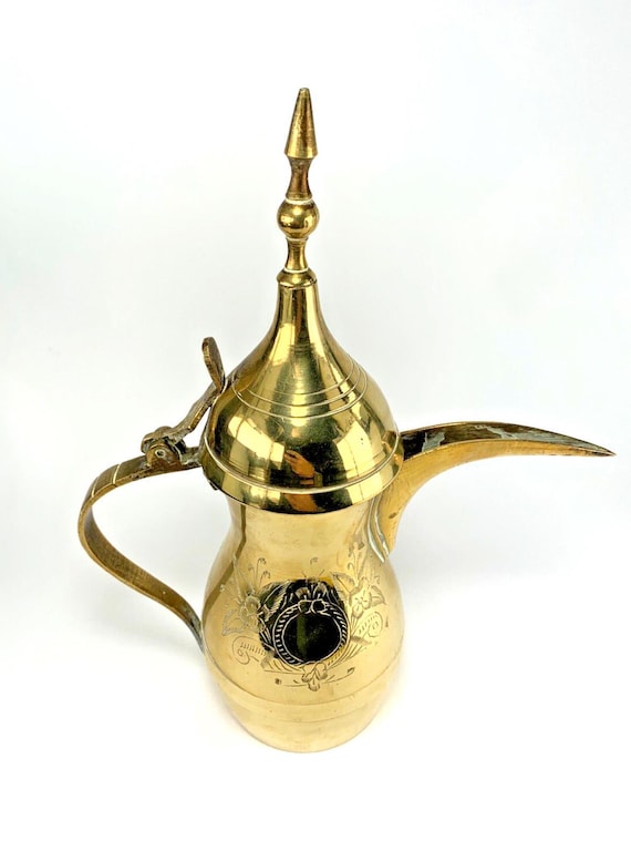Middle Eastern Brass Coffee Pot. Antique Brass Indian Jug. Engraved Pattern. Decorative Brass Pitcher or Jug
