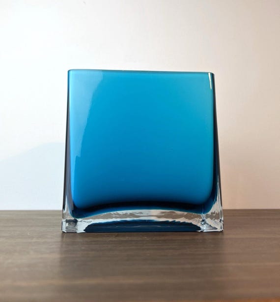 Turquoise Glass Cube Vase with White Glass Inside. Large Heavy Weight Glass Vase
