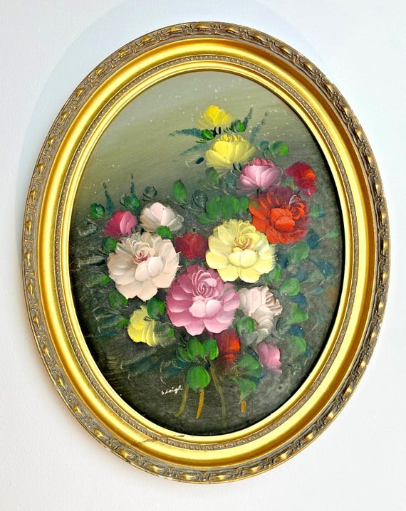 Vintage S Leigh Oval Floral Oil Painting 1930s Art Work in Gold Gilt Frame