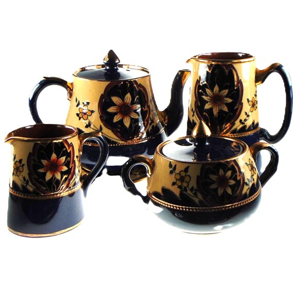 Price Tea Set in Cobalt Blue and Gold. Pottery Tea Set. Teapot, Milk Jug, Saucer, Sugar Bowl
