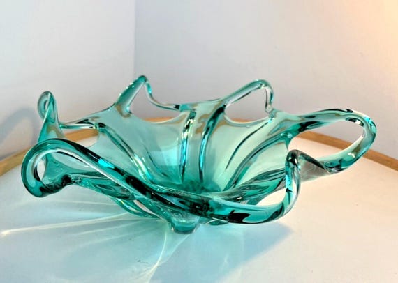 Mid Century Art Glass Bowl Green Hand Blown Glass Swirl & Stretched Glass Aqua