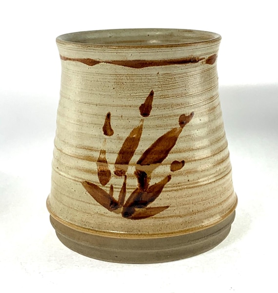 Mid Century Studio Pottery Vase with Hand Painted Floral Decoration on Beige