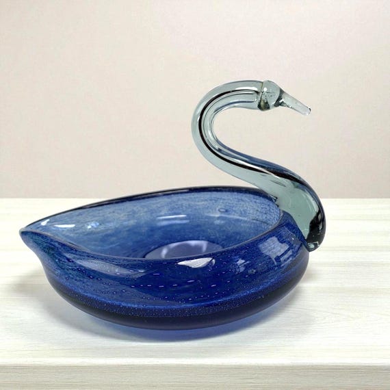 Vintage Blue Art Glass Swan Bowl Hand Blown Murano Style Decorative Dish