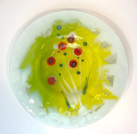 Decorative Glass Bowl in Yellow, White and Red Art Glass Hand Blown Glass 29x3cm