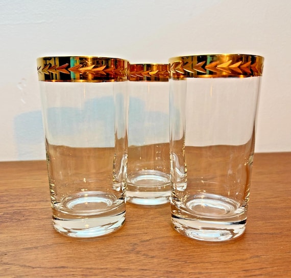 Set of 3 Vintage Retro Highball Glasses with 22ct Style Gold Rim, Barware