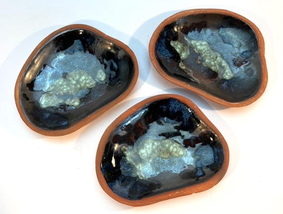3 Vintage Pottery Trinket Dishes in Blue and Green Enamel & Terracotta Unusual
